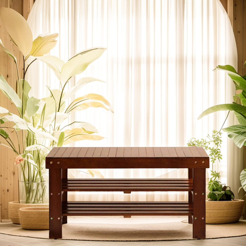 Banc à chaussures en bois massif de qualité Pina, finition, Merisier
