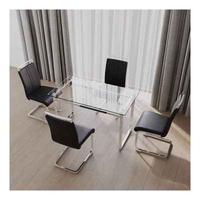 Ensemble de table de salle à manger de 51 pouces en verre pour 4 personnes, ensemble de table de salle à manger et chaises avec pieds plaqués pour la cuisine, plateau de table rectangulaire moderne en verre trempé et chaise de salle à manger en polyu