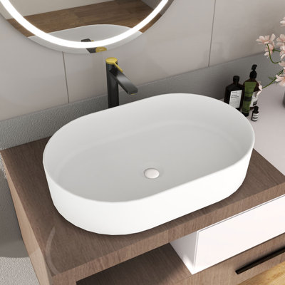 FRALIMK 15'' Matte White Solid Surface Oval Vessel Bathroom Sink
