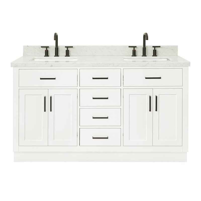 Meuble-lavabo double en bois massif Tidworth avec plateau en marbre de Carrare de 1,5 po, Blanc / noir mat
