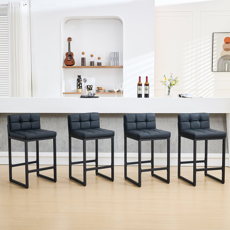 Upholstered Low Back Bar & Counter Stool with Thickened Metal Frame for Kitchen Island, 4, Black