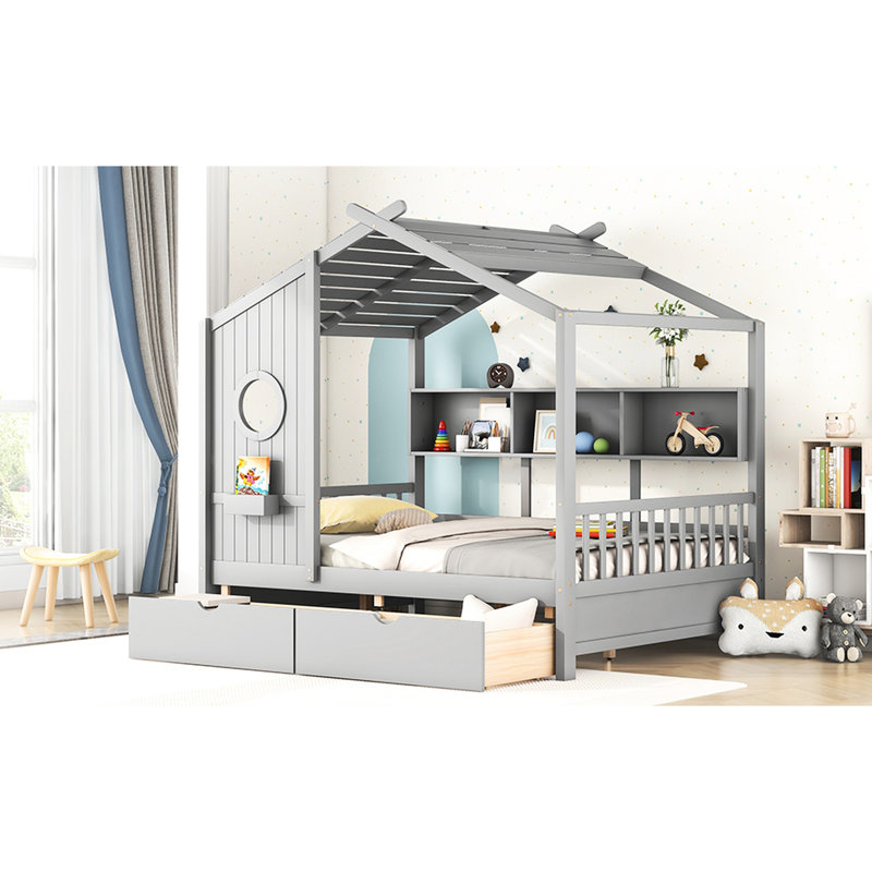 Lit double en bois pleine grandeur de couleur grise avec 2 tiroirs et tablette arrière, coffre-fort et confortable pour la taille, le lit, la couleur, les tiroirs de rangement, les accessoires de tablette, l'aire de jeu
