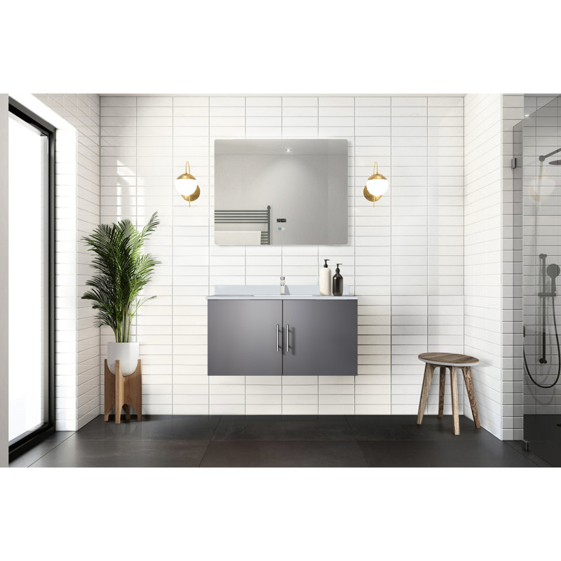 36 po Miroir à DEL et meuble-lavabo gris foncé avec comptoir en quartz