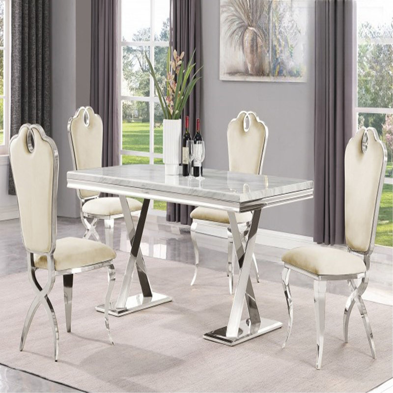 Ensemble de 2 chaises de salle à manger en velours crème avec structure en métal argenté