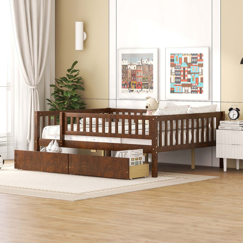 Kids Daybed Wood Bed with Two Drawers, Walnut, Full