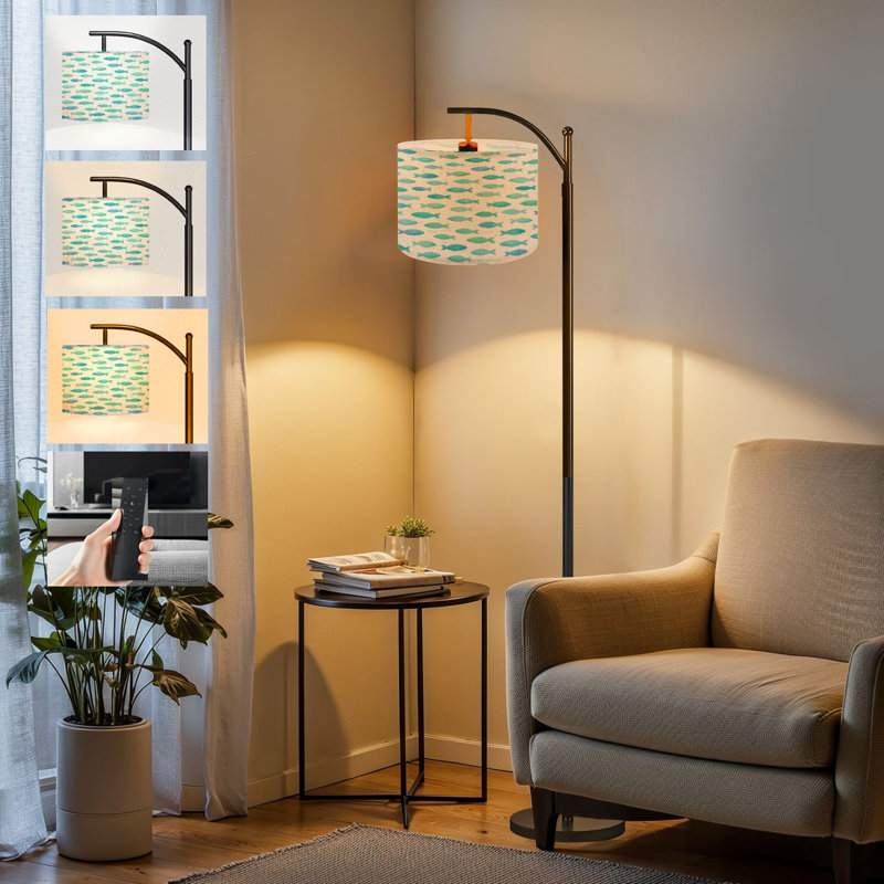  Arc Floor Lamp Colorful crayon drawn school fish Marine rough Tall Modern Standing Lamp LED Adjustable Linen Lampshade 3 Color Temperatures