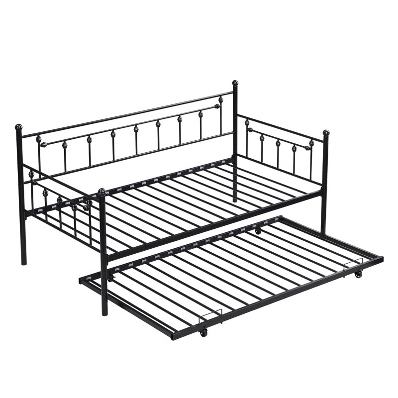 Black Daybed With Trundle - Modern Style And Practicality For Bedroom, Metal Build, Space Saving Advantage, Quiet Stable Sleeping Area, Easy Assembly Process, All Mattress Types Accommodated, 250/350