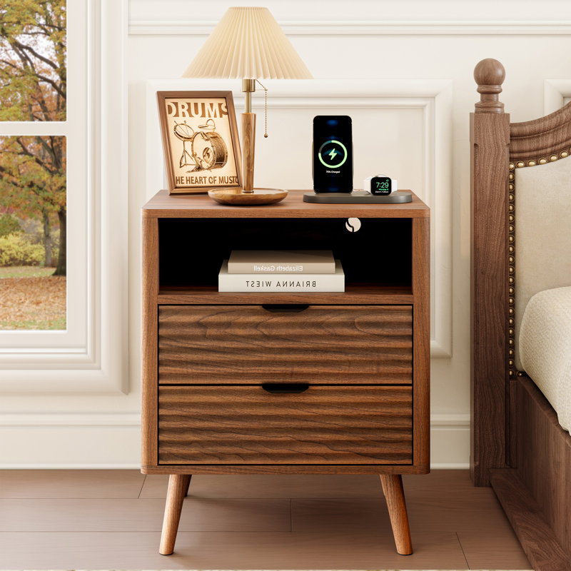  19.7" Nightstand With 2 Drawers & Open Shelf, Bedside Table With LED Lights & Outlets, End Table For Bedroom Or Living Room