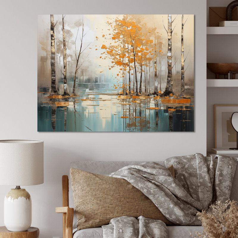 «Birch Woods Golden Reflections I - Tree Birch», art mural encadré, H 12 po x l 20 po x P 1 po, Toile tendue
