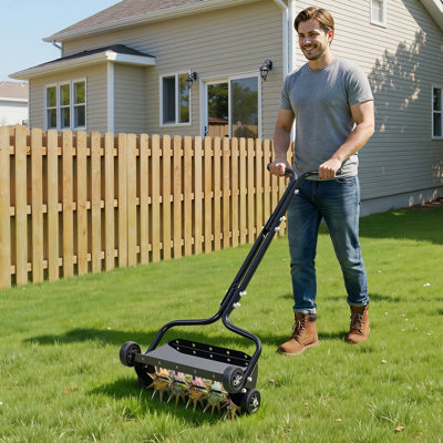 Lawn Aerator, 18 in Manual Push Spike Aerator with 4 Wheels & Handle, Heavy Duty Grass Aerators, Supports 40 lbs Added Weight, Rolling Lawn Aeration Tool for Garden Yard Aeration Soil Health