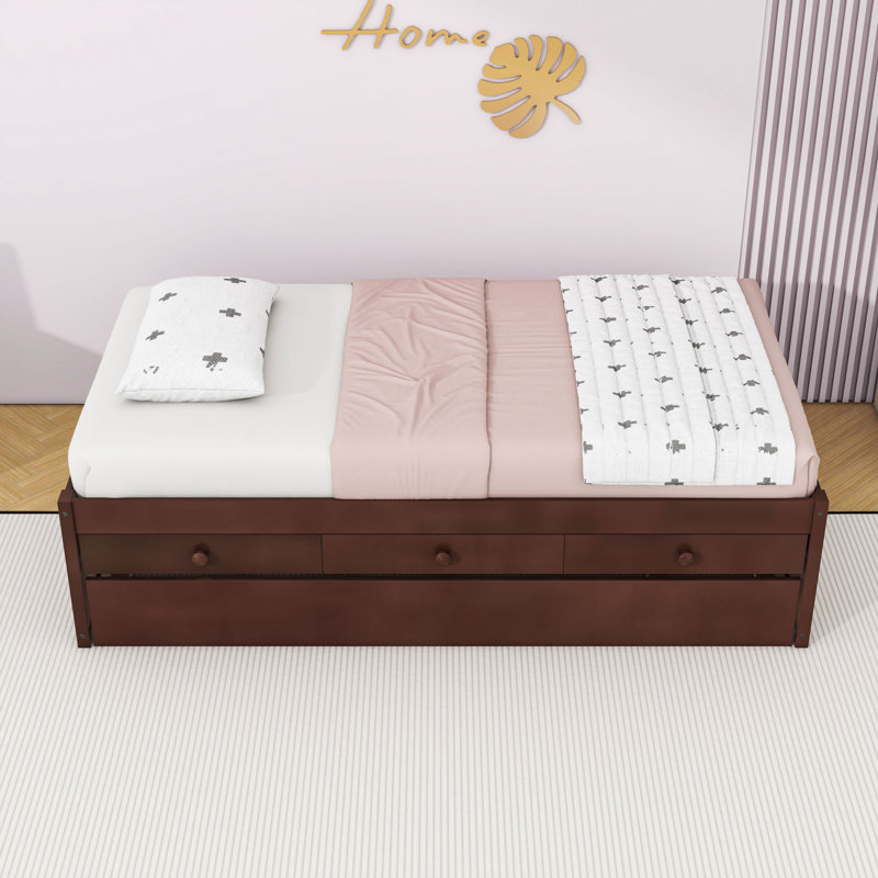 Platform Bed with Pull-Out Trundle, Integrated Power Strip, and Dual Storage Drawers, Twin, Espresso