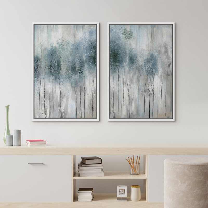 Abstrait forêt pastel aquarelle bleu sarcelle forêt abstraite paysage encadré sur toile 2 pièces, H 24 po x l 32 po, Blanc