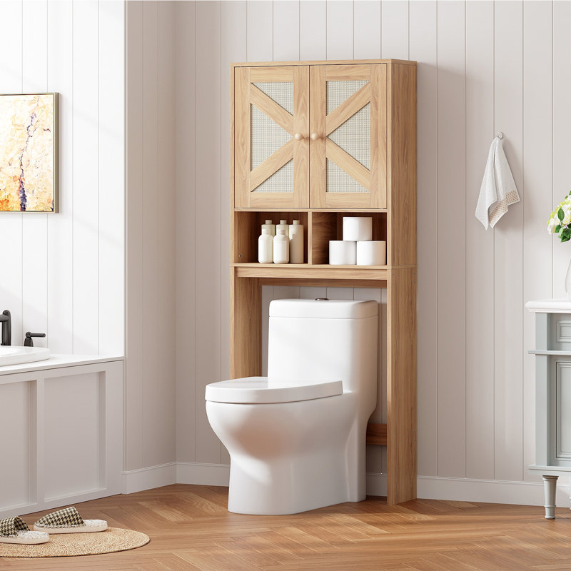 Over-the-toilet Storage Cabinet With Rattan-style Doors, Adjustable Shelf & Anti-tip Kit, Farmhouse Bathroom Organizer For Bathroom Laundry Room