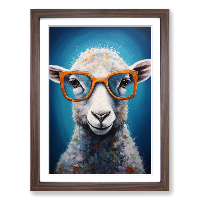 Sheep with Glasses Painting - Framed Print, 46cm H x 34cm W x 2cm D, Walnut 