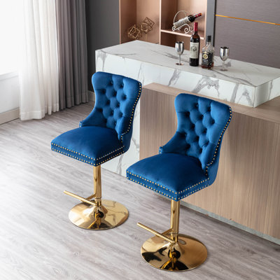Counter Height Bar Stools, Velvet Upholstered Stool With Tufted High Back & Ring Pull For Kitchen , Chrome Golden Base, Black -  Everly Quinn, DC3ECD8A1A434EA8B0A5C054257A5B8A