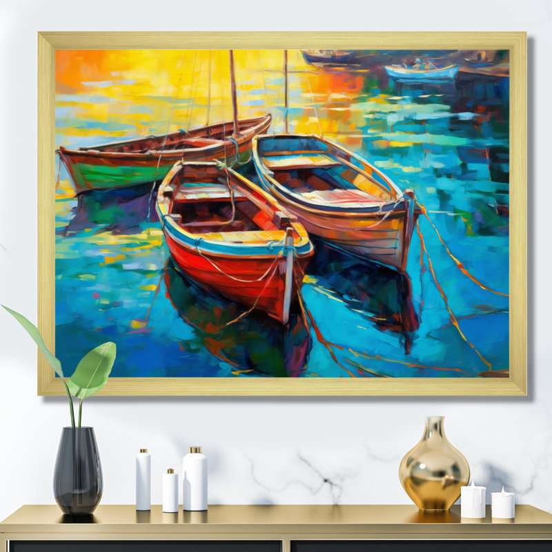 Trois bateaux dans le port I - impression sur toile Coastal Port, H 12 po x l 20 po x P 1 po, Cadre doré