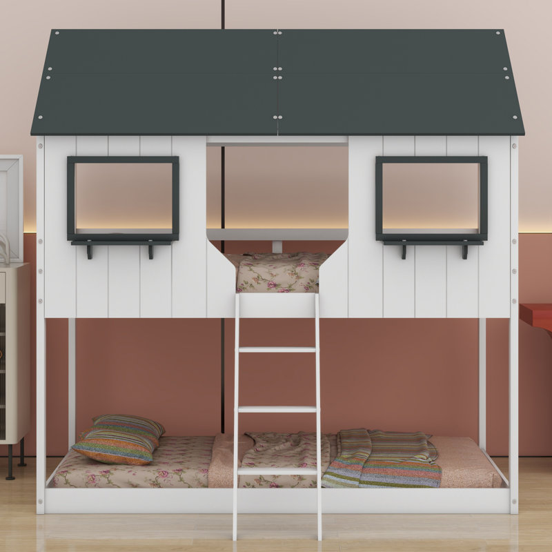 Bunk Bed With Roof, Window, Guardrail, Ladder, White/Gray