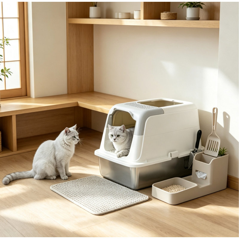 Bac à litière pour chat en acier inoxydable avec couvercle, pédale, sac désodorisant et pelle inclus, anti-rayures et facile à nettoyer.