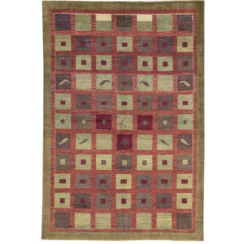 Tapis vert olive et rose noué à la main de haute qualité