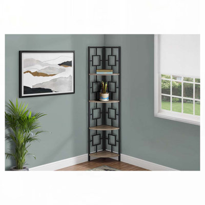 Bibliothèque, bibliothèque, étagère, d'angle, 4 niveaux, h 62 po, bureau, chambre à coucher, stratifié brun, métal noir, contemporain, moderne