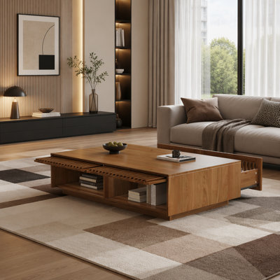 Mid Century Modern Solid Wood Coffee Table with Slatted Storage Drawers, Rectangular Low Profile Wooden Cocktail Table
