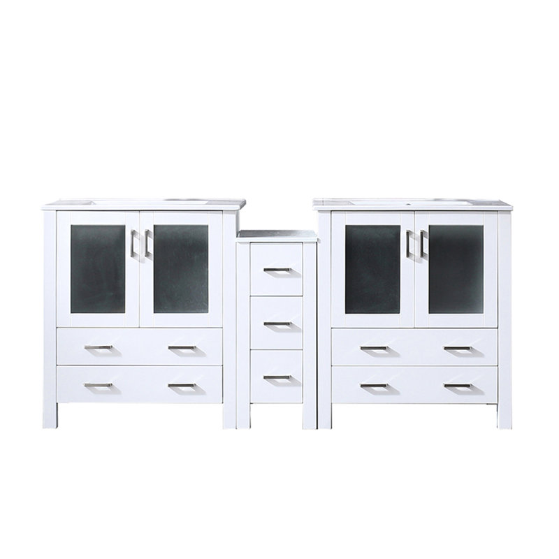 72 po X P 18,25 po, meuble-lavabo double blanc, comptoir en céramique, structure en bois massif, fermeture en douceur, deux armoires de rangement intérieures et sept tiroirs, surface de teinture