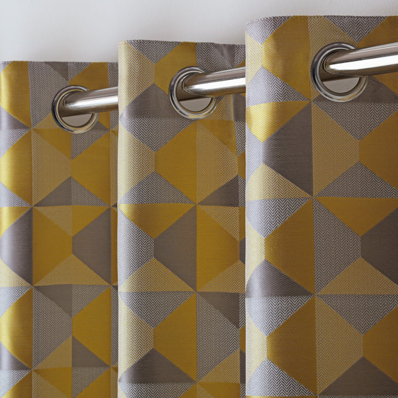 Stamper Semi Sheer Curtain Pair, Ochre/Silver, 117 W x 183 D cm