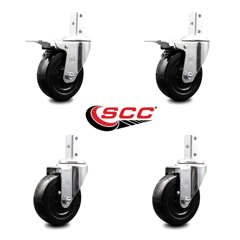 4 Inch Hard Rubber Swivel 7/8 Inch Square Stem Caster Set 2 Total Lock Brakes
