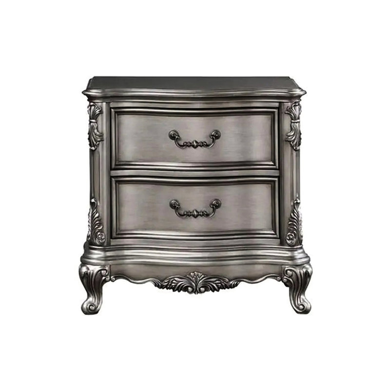 Table de chevet avec 2 tiroirs en argent antique - Structure en bois feutrée