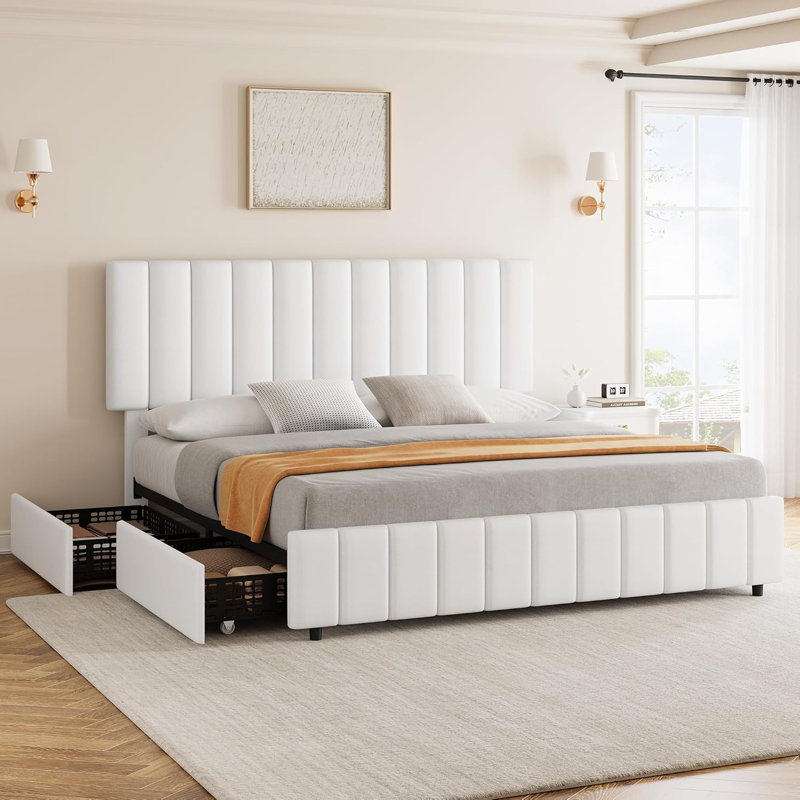 Queen PU Leather Upholstered Platform Bed Frame with 4 Storage Drawers Adjustable Headboard Wooden Slats Support No Box Spring Needed White
