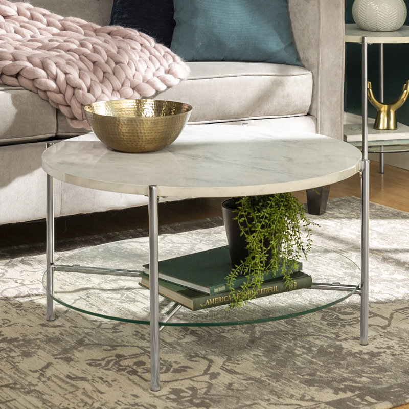 Table basse avec rangement Seyhan, Marbre blanc / Chrome