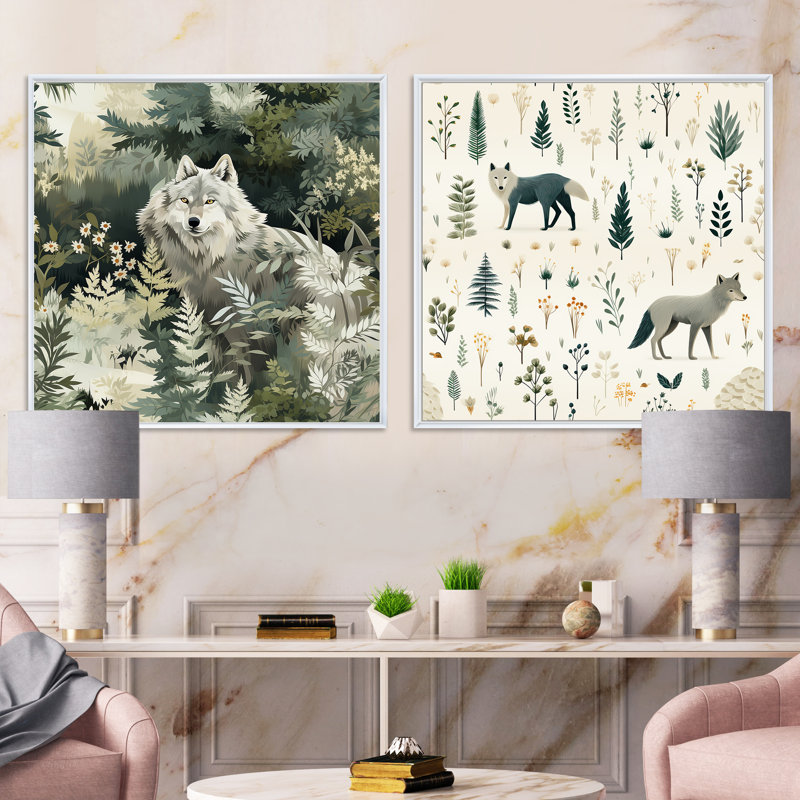 Majestic Wolf Wilderness - animaux loup carré ensemble de 2 collages, Cadre flottant blanc, H 30 po x l 61 po
