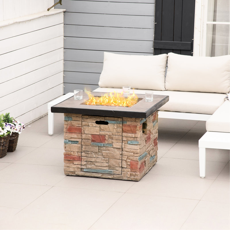 32 Inch Outdoor Fire Pit Table, 50,000 Auto-Ignition, Square Faux Ledge Stone Captivation, Lava Rocks, Rain Cover, , Cotta Brown 32" Propane Gas Table , Attraction, Chestnut