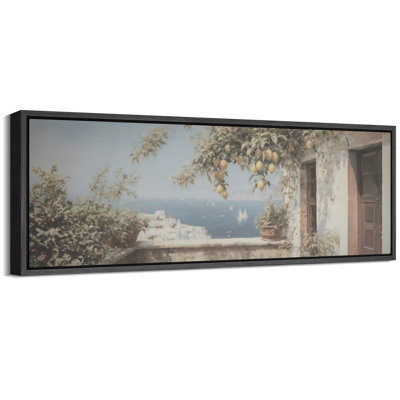 Méditerranée, terrasse côtière avec citronnier et vue sur la mer - reproduction d'art sur toile encadrée