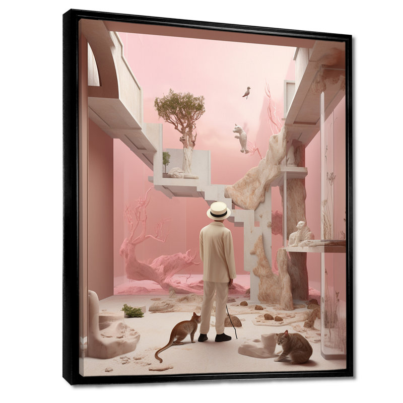 «Artist Portrait White Hat and Cats - Man», art mural, Toile avec cadre flottant noir, H 44 po x l 34 po x P 1,5 po