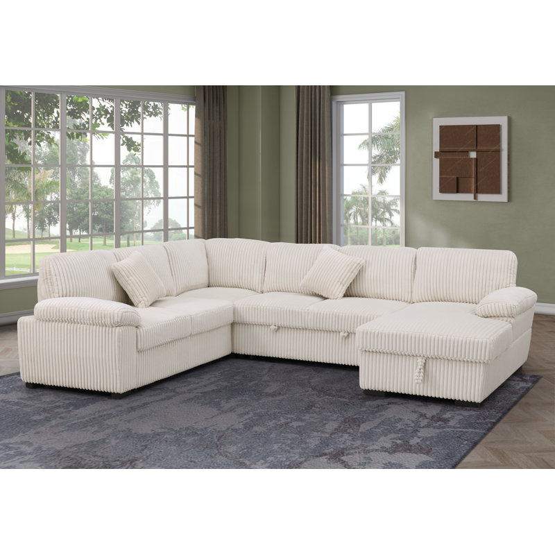 L-Shaped Sectional Sofa Bed Pull Out Sleeper Couch With Storage Chaise, Beige Chenille
