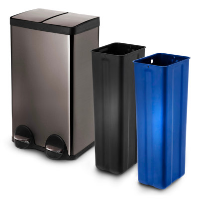 Home Zone Living 16 Gallon Stainless Steel Kitchen Trash Can with Dual Compartments, Step-On Pedals and Soft-Close Lids