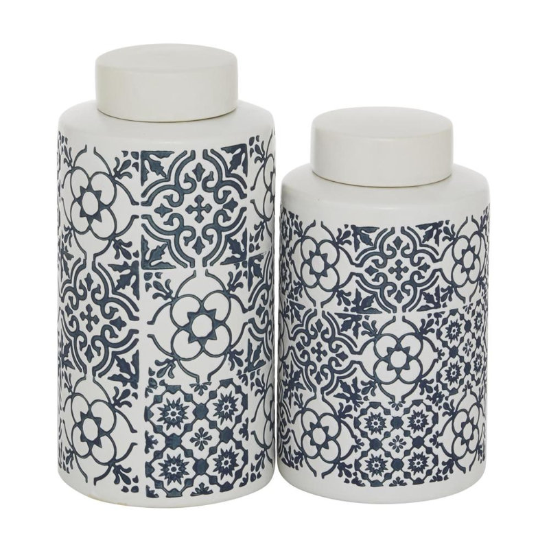 Ceramic White Decorative Jars with Spanish Tile Patterns Set