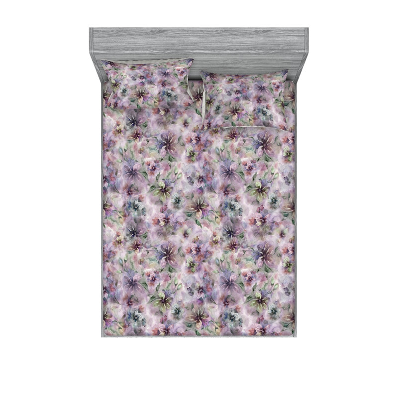 Ambesonne Fitted Sheet & Shams 3 Pcs Retro Botany Exotic Leaves Calking Pale Rust Seafoam Emerald
