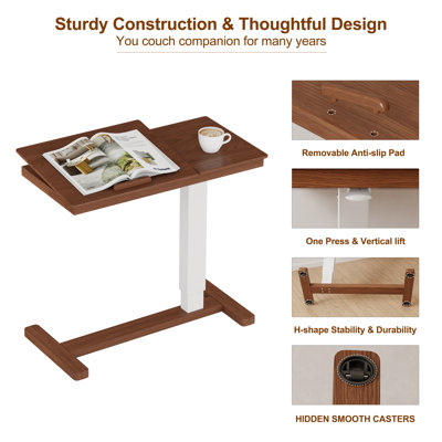Aevah Solid Wood Overbed Table with Wheels, Adjustable Height Bedside Table for Home and Hospital Use, Rolling Bed Table with Tilt Top