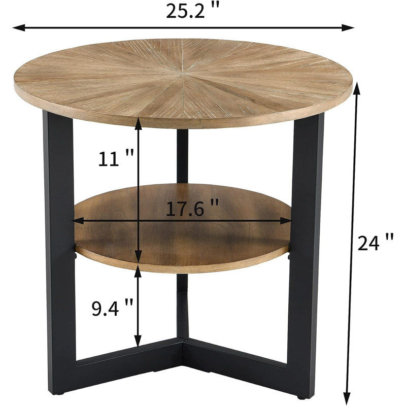 Table de bout ronde avec rangement, table d'appoint Farmhouse Circle pour le salon, table de chevet à 2 niveaux en bois massif, plateau de table en bois naturel et structure en métal noir, P 25,2 po x H 24 po
