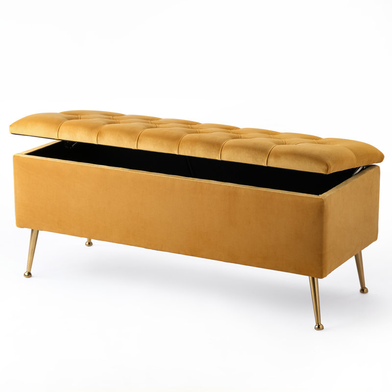 Amara Wide Velvet Tufted Rectangle Storage Ottoman Footstool Upholstered Bench with Legs for Living Room & Bedroom, Yellow