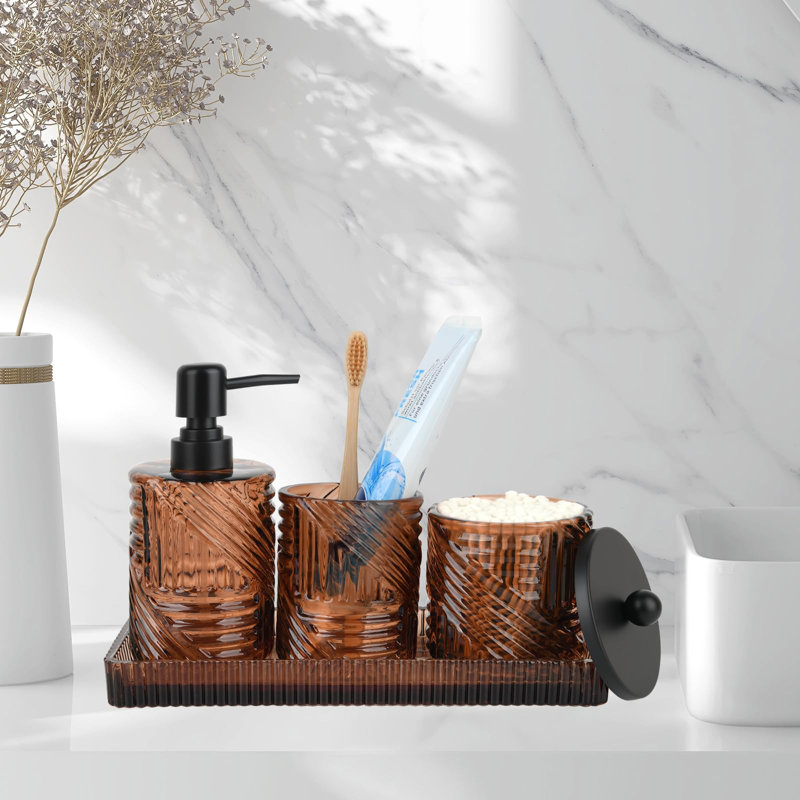 Ensemble d'accessoires de salle de bain, 4 pièces d'accessoires de salle de bain en verre ambré avec distributeur de savon à lotion, porte-brosse à dents, distributeur de support Qtip et plateau de meuble-lavabo, organisateur de meuble-lavabo de comptoir de salle de bain