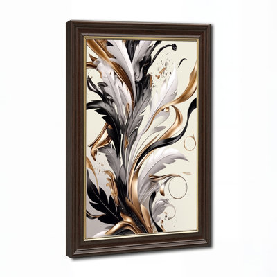 Tableau abstrait en toile or et noir métallisé avec plumes