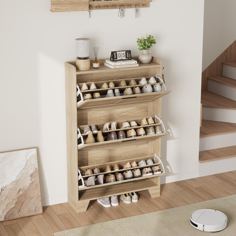 Natural Slim Shoe Storage Cabinet with 3 Drawers, Adjustable Shelf & Side Hooks for Entryway Hallway, Natural Wood