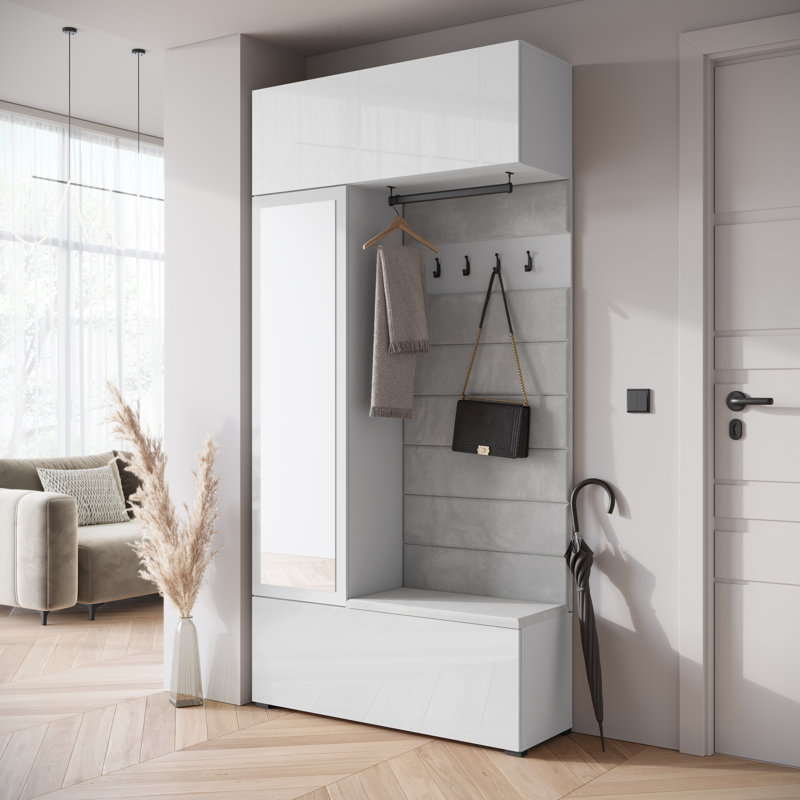 Hall Tree 115cm Wide with Shoe Storage, White/Grey