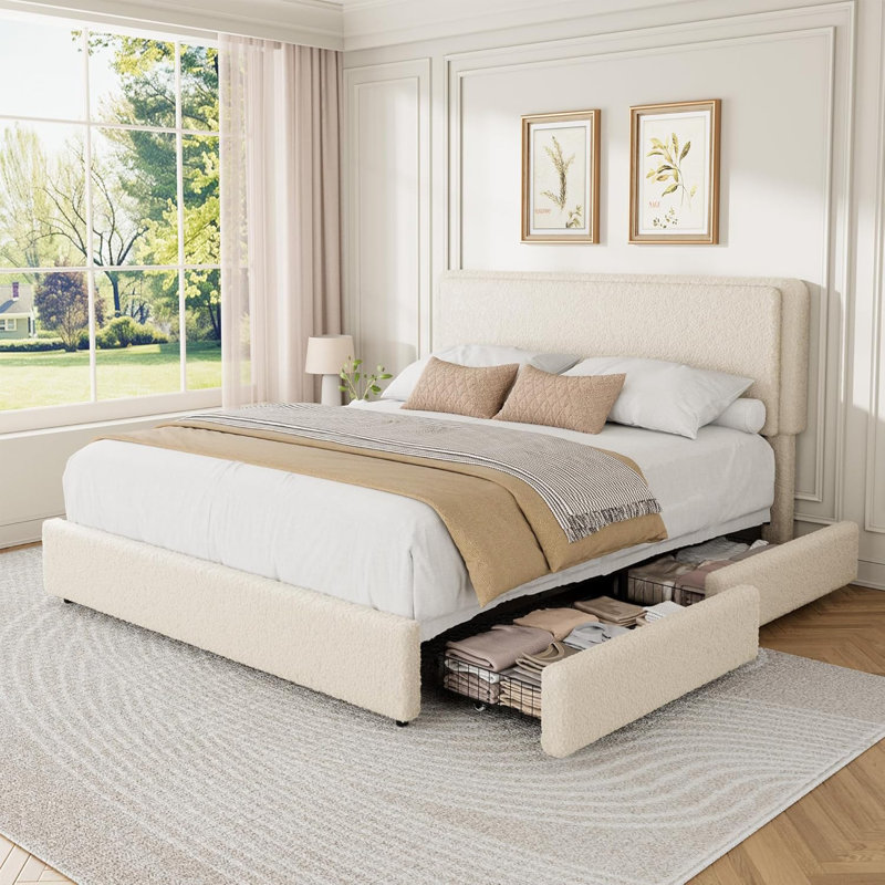 Teddy Fleece Thick Upholstered Platform Bed, Queen
