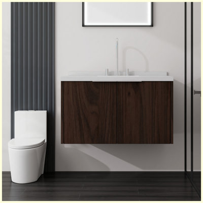 36 meuble-lavabo flottant avec lavabo 36 po, comptoir et dosseret en marbre de culture blanc Carrara 2 po, porte en contreplaqué à fermeture en douceur, brun