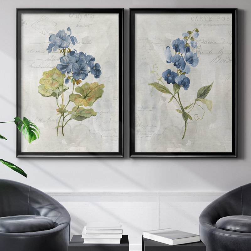 Lin bleu géranium - ensemble de 2 reproductions d'art, Pas de tapis, Toile avec cadre noir, H 22,5 po x l 61 po x P 3 po