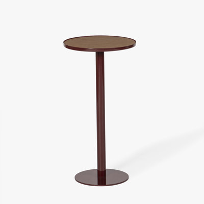 Calder Leather Side Table Round Shape Ruby Red Gloss Finish with Modern Pedestal Base Iron End Table